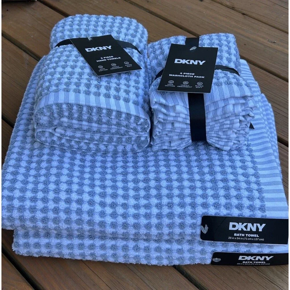 DKNY 2 Bath & 2 Hand Towels & 4 Washcloths Gingham Monet Tile Blue Check 8 Piece